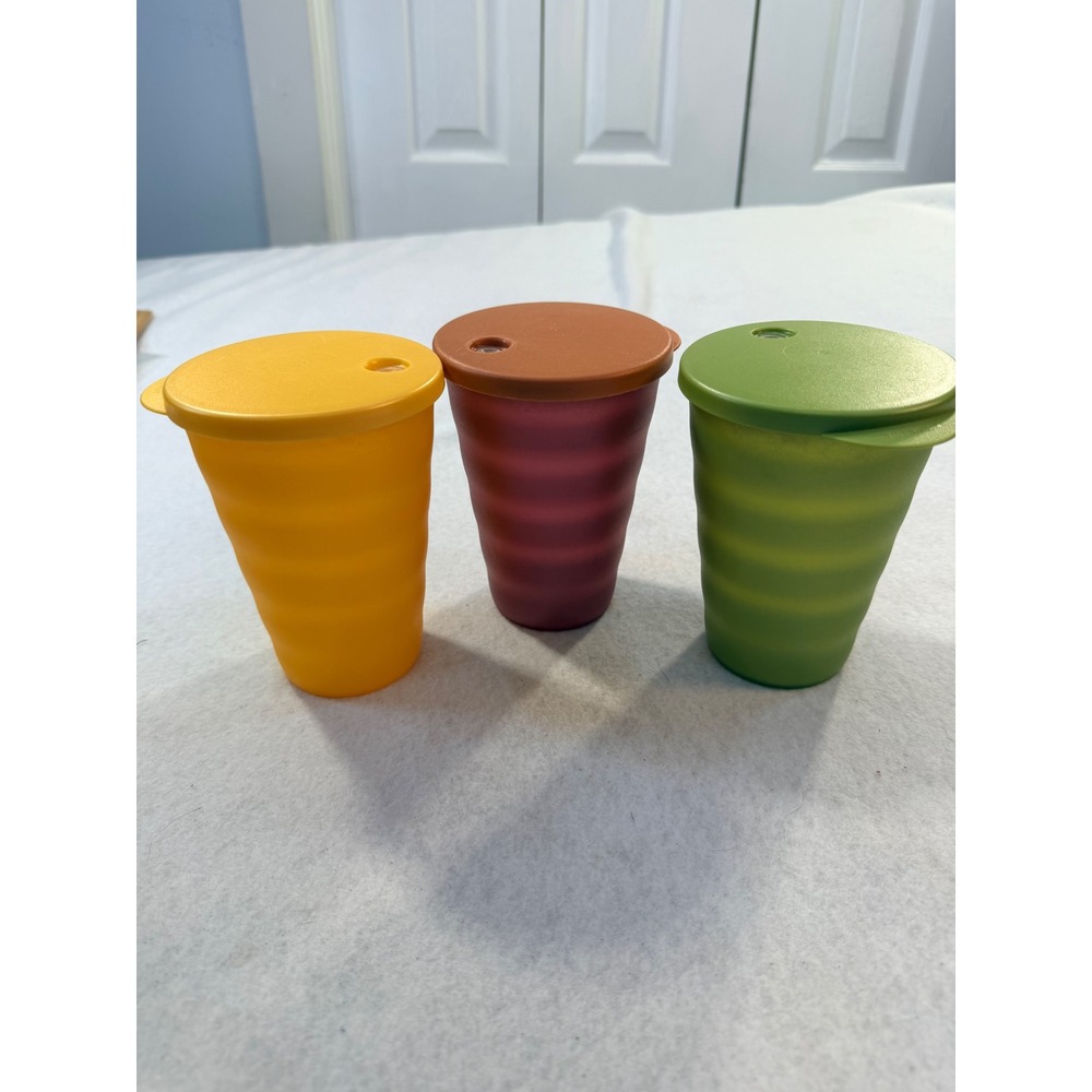 Tupperware Bell Tumbler Set of 3 500ml Yellow Plum Green Ridged Cup with Lid